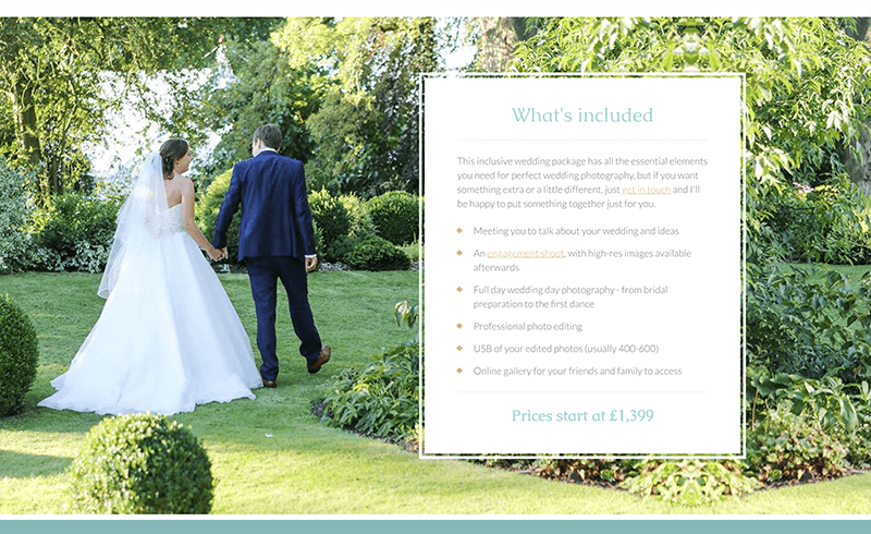 Screenshot of Becky Kerr Photography package information