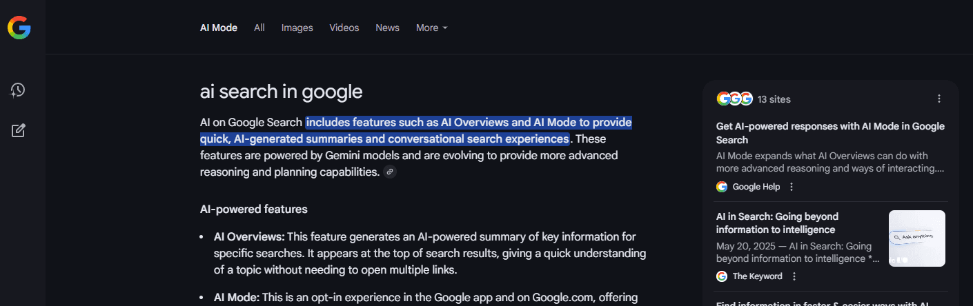 A screenshot of the AI Mode search results in Google for the term "AI Mode"
