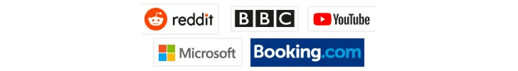 Example of logo sizes across popular websites - Reddit, BBC, Youtube, Microsoft and Booking.com 