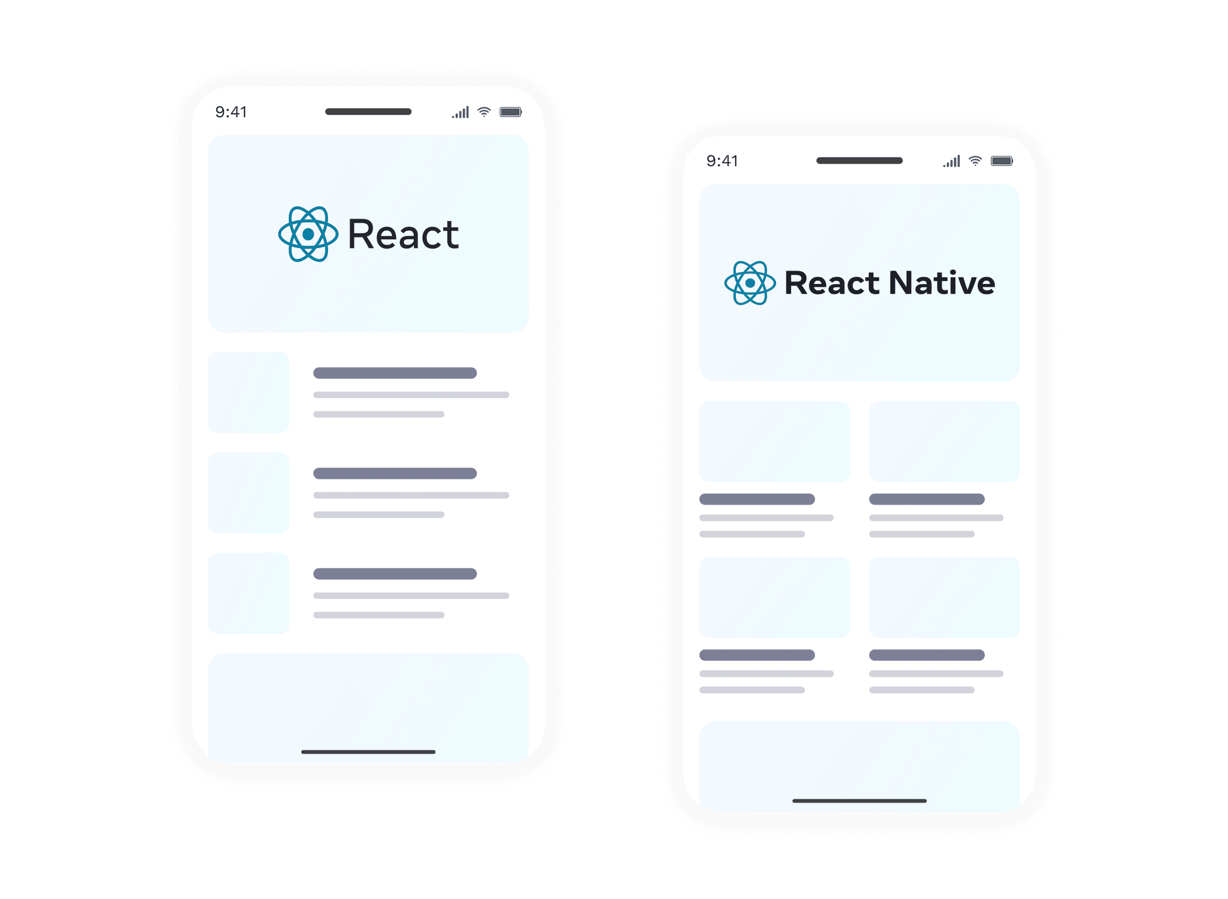 Graphic displaying two mobile wireframes with React and React Native logos on