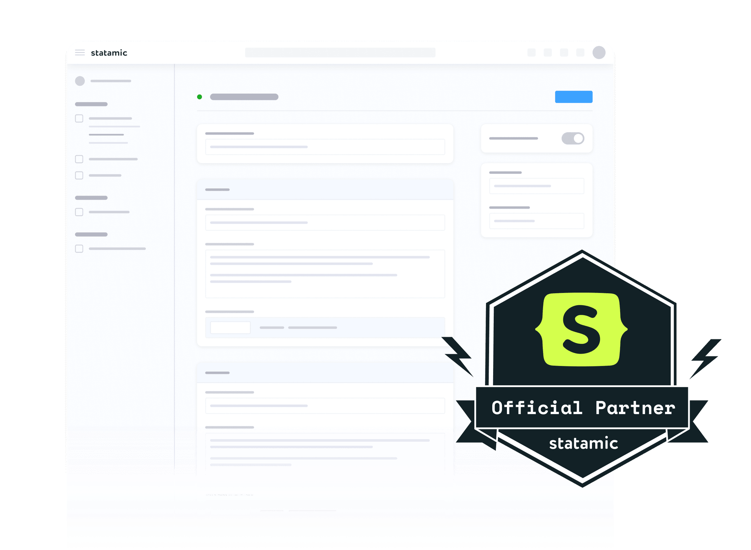 Graphic showing wireframe of statamic platform including a badge saying 'Official Partner'