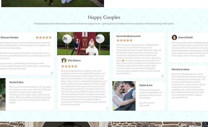 Screenshot of Becky Kerr Photography testimonials section