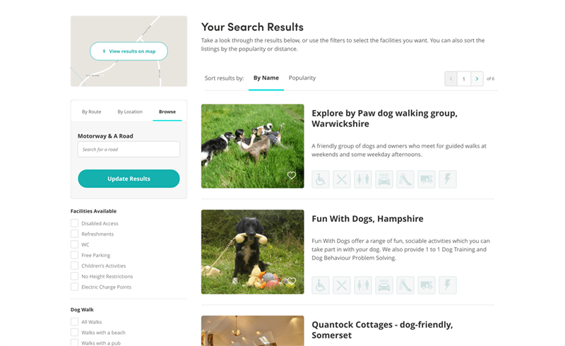 Screenshot of the Driving with Dogs search results