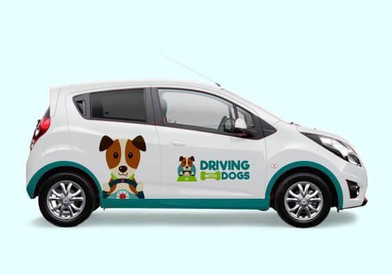 Driving with Dogs logo on a car