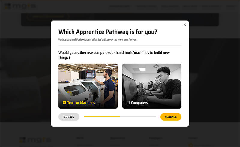 Screenshot of the MGTS pathway questionnaire modal