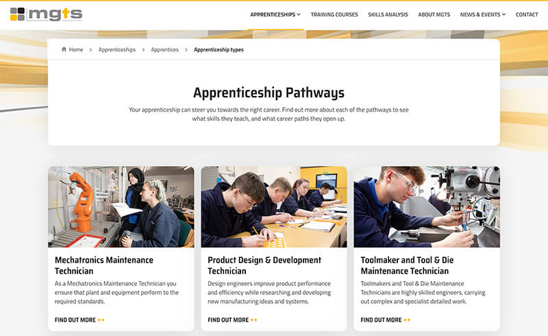 Screenshot of the MGTS apprenticeship pathways