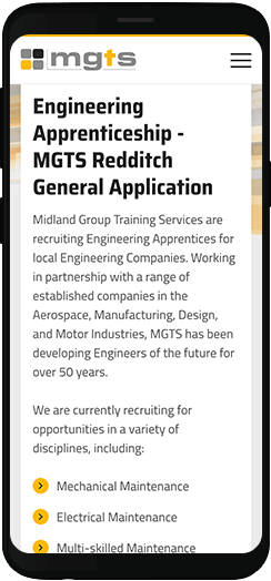 MGTS content section on a mobile device
