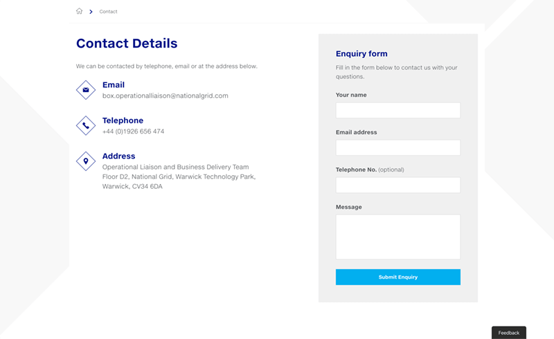 Screenshot of the National Grid Data Community contact details