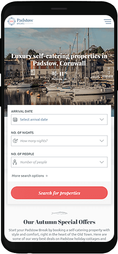 Mobile view of the homepage on Padstow Breaks
