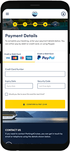 Parking4Cruises payment details form on a mobile device