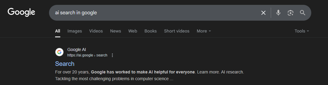 Screenshot of Google Search for "ai search in google"