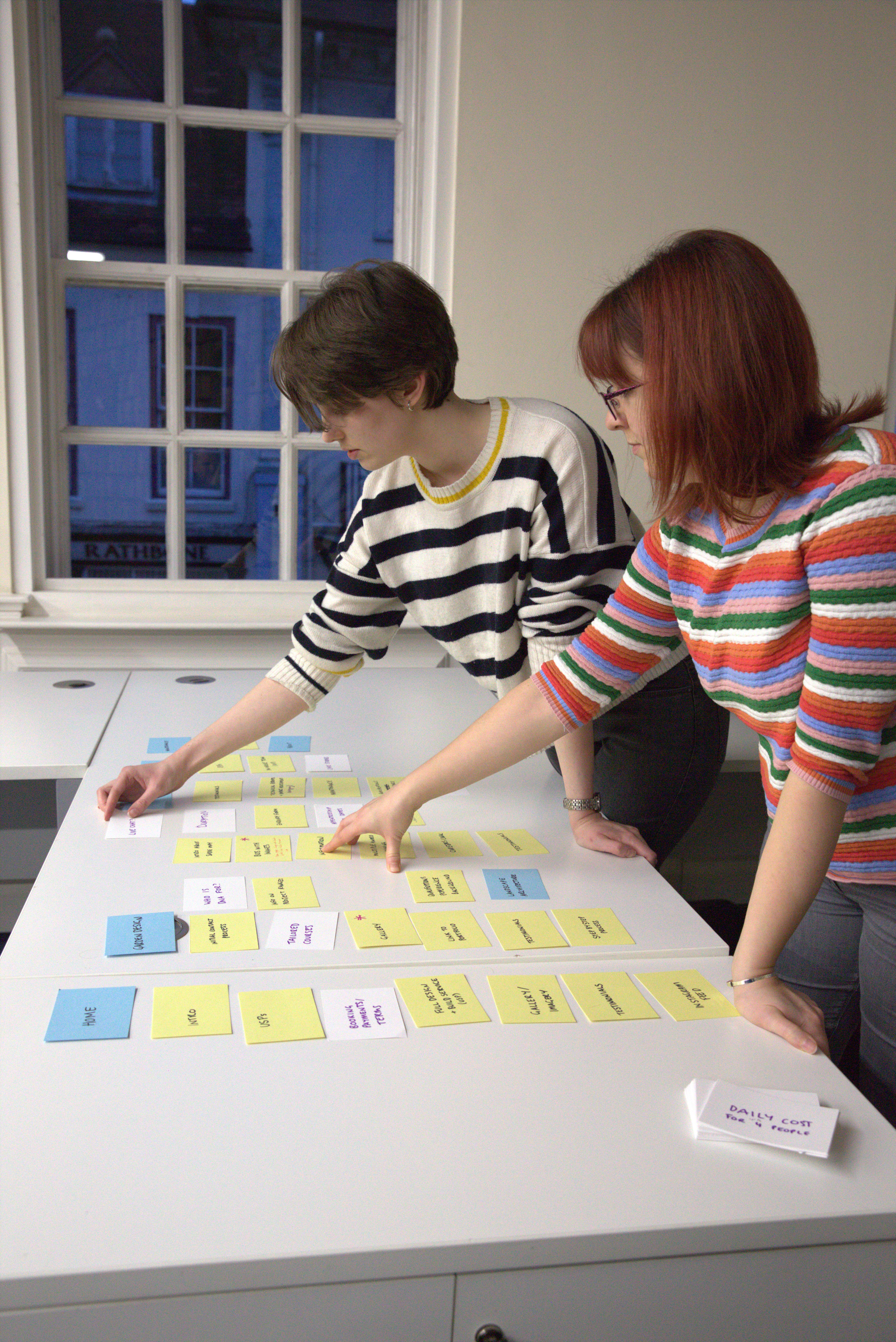 Two colleagues planning website content through card sorting